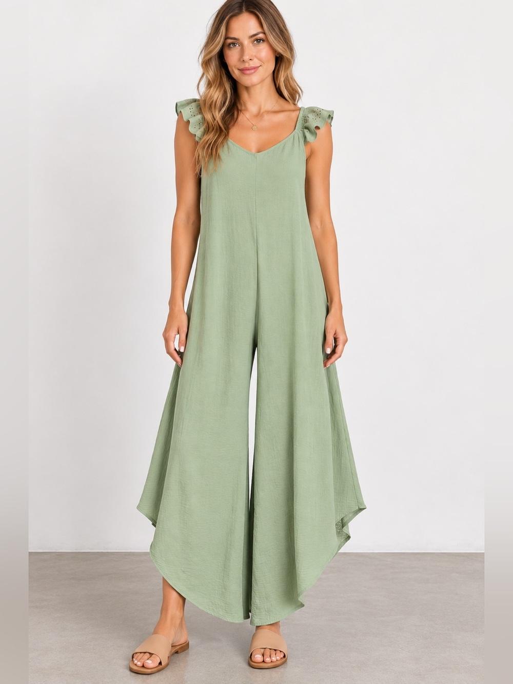 Cato Light Sage Green V-Neck Wide Leg Jumpsuit Ruffle Eyelet Pockets Sz M Boho